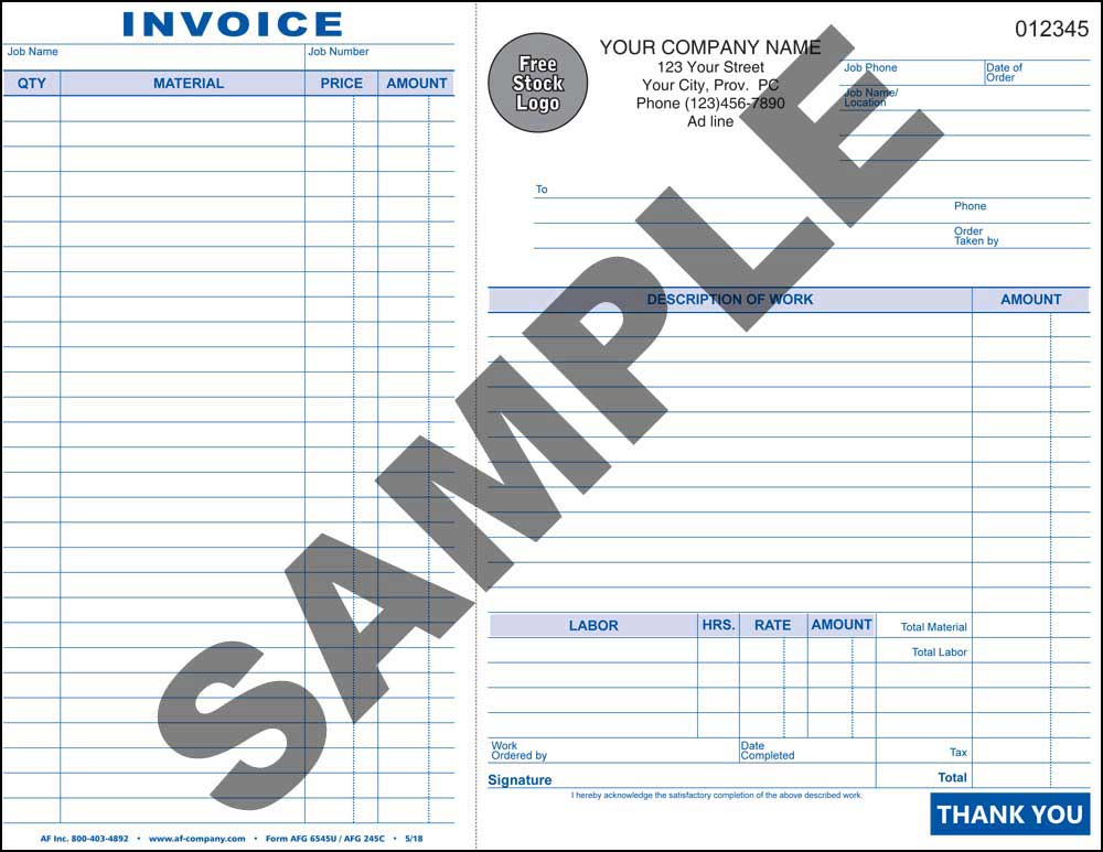 Work Order / Invoice, 2 Copy - PERSONALIZED - Click Image to Close