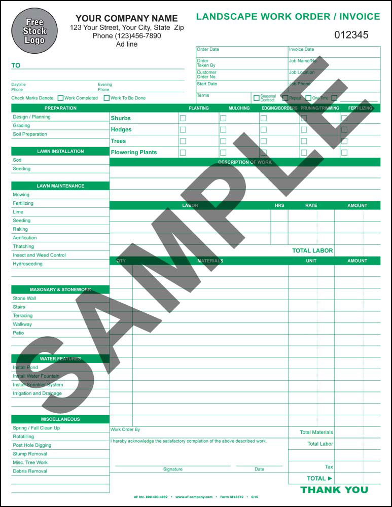 Landscaping Work Order / Invoice - PERSONALIZED - Click Image to Close